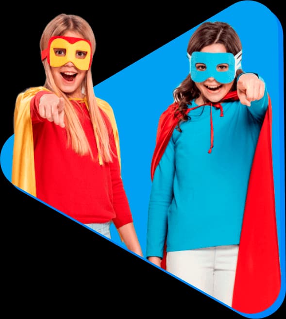 Fígura divertida de duas meninas fantasiadas apontando para fora da tela -  Eduqhub